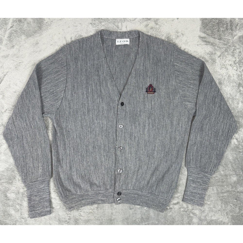 Vintage Izod Lacoste Sweater‎ Men L Gray Cardigan Acrylic 70s 80s Grandpa USA